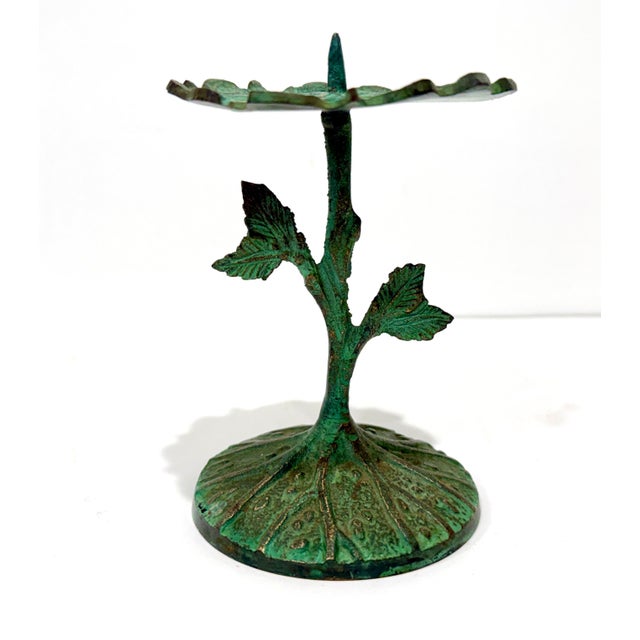 Art Nouveau Art Nouveau Brass Candle Holder W/ Green Patina Pillar & Spike Nature Design For Sale - Image 3 of 7