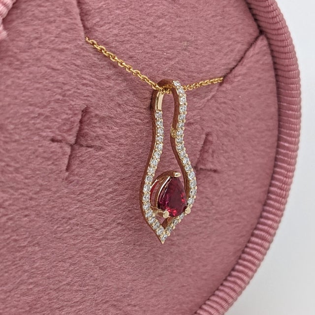 Red Mozambique Ruby Pendant With Natural Diamond Accents: Solid 14k Gold, 6x5mm For Sale - Image 8 of 10