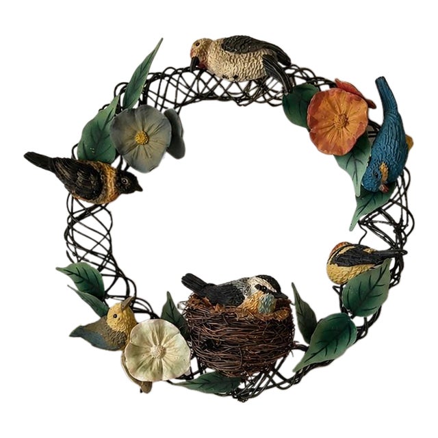 Vintage Botanical Bird Wreath Sculpture With Nest, Nature-Inspired Metal Wall Art, Cottage Garden Relief For Sale