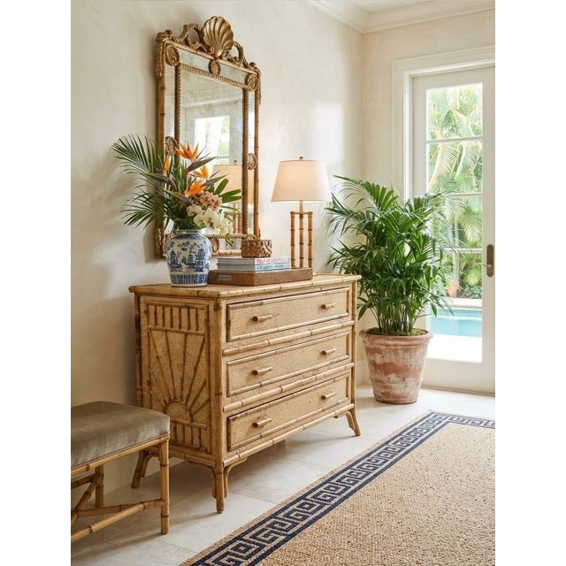 Vintage Tropical Rattan & Bamboo 3-Drawer Dresser With Sunburst Motif For Sale - Image 9 of 12