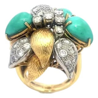 Diamond Turquoise Harem Ring 18k Gold Floral Style Split Shank For Sale