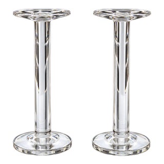 Pair of Tall Clear Crystal Column Candlesticks With Round Bases For Sale