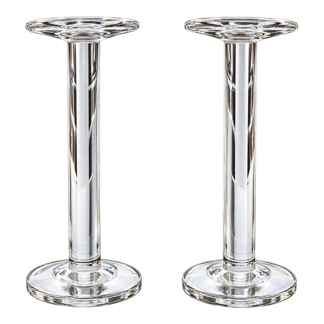 Pair of Tall Clear Crystal Column Candlesticks With Round Bases For Sale