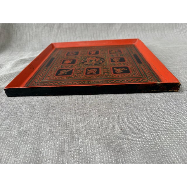 Antique Black Red Burmese Lacquer Zodiac Tray For Sale - Image 13 of 17