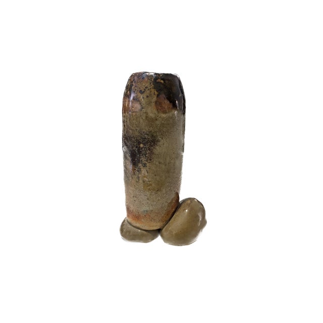 Contemporary 1970s Biomorphic Brutalist Studio Pottery Vessel With Pebble Base – 7" Sculptural Stoneware Bud Vase For Sale - Image 3 of 7