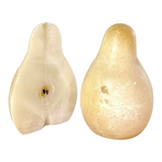 Large Vintage Italian Carved Alabaster Stone Pear Halves Bookends, a Pair For Sale