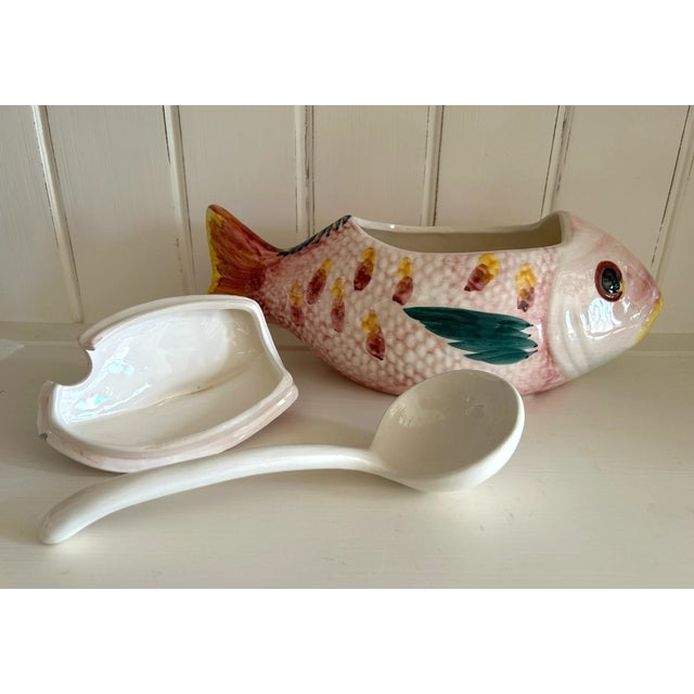 White Vintage Mid-Century Modern Made in Portugal Fish Soup Tureen With Ladle For Sale - Image 8 of 11
