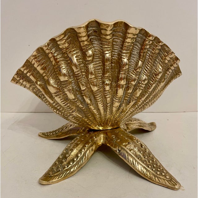 Cast brass seashell nautilus planter on starfish base. Nice large size. Good condition. Great for your beach house!