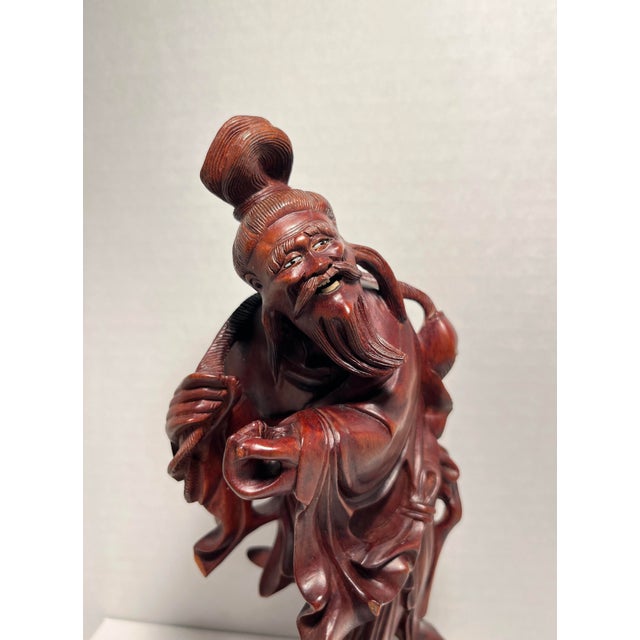 Chinese Antique Chinese Wood Carving Old Man With Carps Sculpture For Sale - Image 3 of 9