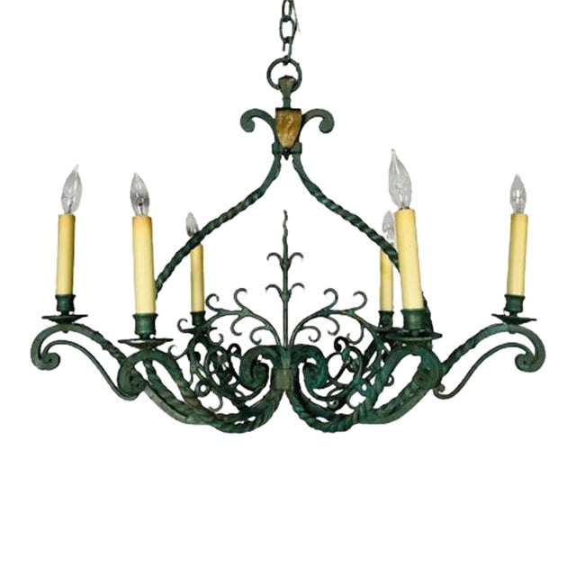 Wrought Iron Industrial Green Painted Chandelier, Circa 1930s For Sale