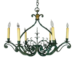 Wrought Iron Industrial Green Painted Chandelier, Circa 1930s