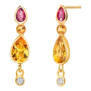 Bezel Set Pear Yellow Sapphires Rubies Diamonds 14 Karat Gold Earrings - 2 Pieces For Sale