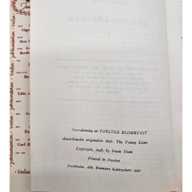3 Vintage Swedish Hardcover Books 1950s, Svalans Jubileumsserien, Irwin Shaw the Young Lions & Harry Martinson, Bonniers Förlag For Sale - Image 4 of 12