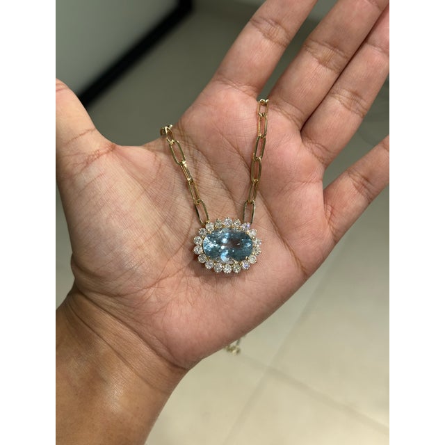 Authentic 10.32ct Aquamarine 1.95ct Diamond Halo Pendant Necklace in 14k Yellow Gold For Sale In New York - Image 6 of 16