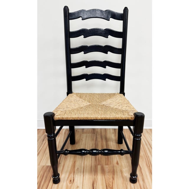 Maitland-Smith Style Black Ladderback Rush Seat Dining Chairs, S/6 For Sale - Image 9 of 12