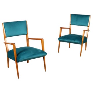 Set of Vintage Armchairs in Velvet & Brass, Italy, 1950s For Sale