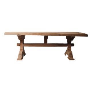 19th Century Handcrafted Carved Pine Trestle Dining Table With Sculpted Base For Sale