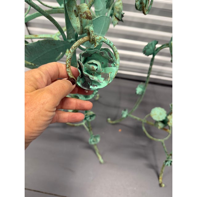 Metal 1970s Large Verdigris Wrought Iron Standing Planters With Decorative Dangling Rose and Leaf Motif, a Pair For Sale - Image 7 of 12
