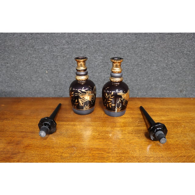 Early 20th Century Royal Purple Art Glass Decanters With Gold Horse Overlay - Pair For Sale - Image 12 of 14