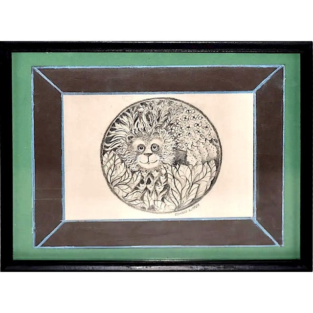 An adorable wide-eyed, smiling lion nestles deeply within lush foliage, amid overlapping leaves, and clusters of small...