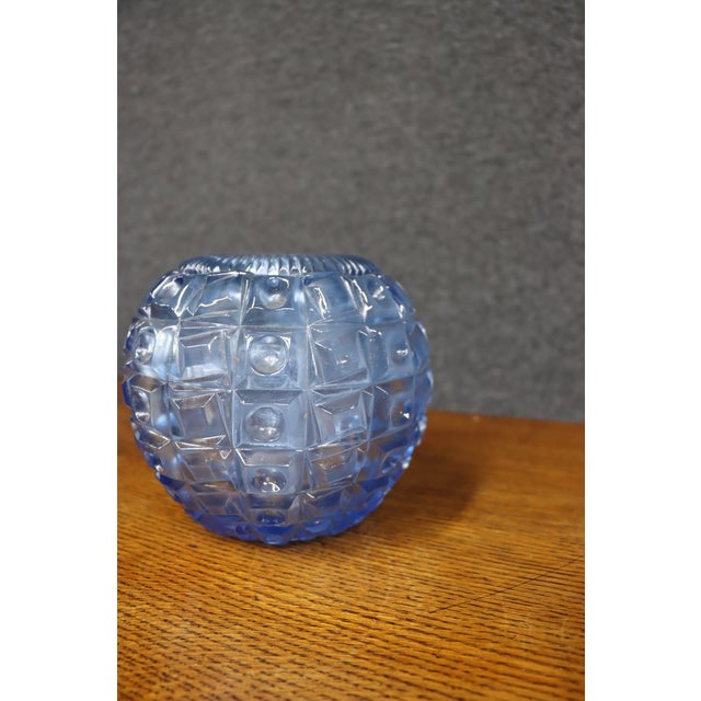 Striking Czech pressed art glass ball vase by Libochovice, featuring a rounded form with an intricate geometric relief...