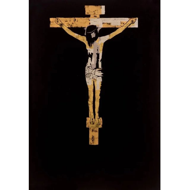 Image of crucifixion in white, rose and yellow gold on black glass, in a black lacquered frame by Julian Brooker.