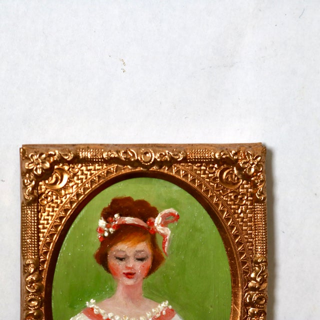 Mid-Century Miniature Portrait of Young Woman With Dog Signed Austin in Pressed Filagree Metal Frame For Sale In Cincinnati - Image 6 of 11