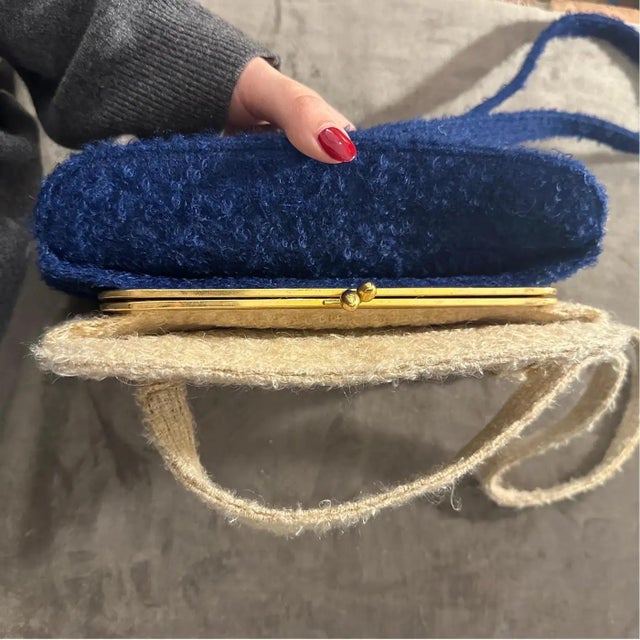 Italian A Stylish 1960s Blue and Creamy Fabric Double-Face Italian Hand-Bag For Sale - Image 3 of 9