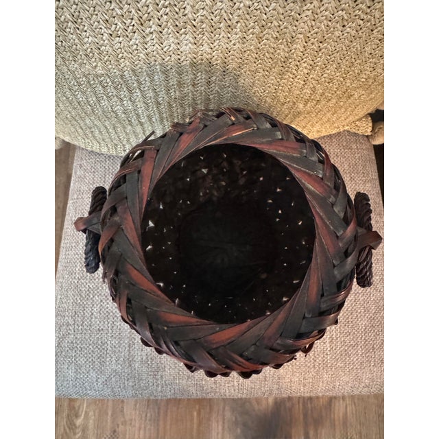 Brown Antique Japanese Woven Bamboo and Rattan Ikebana Flower Basket With Double Handles For Sale - Image 8 of 10