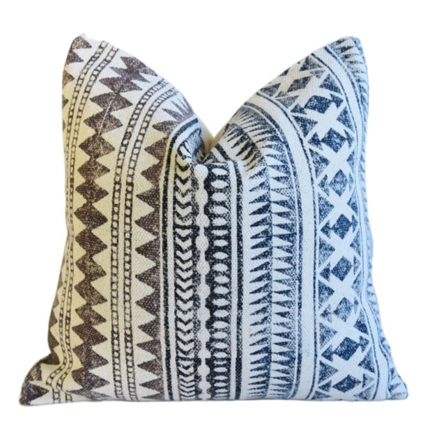 Blue French Hand-Printed Blue, White & Brown Cotton Feather/Down Pillow 19” Square For Sale - Image 8 of 8