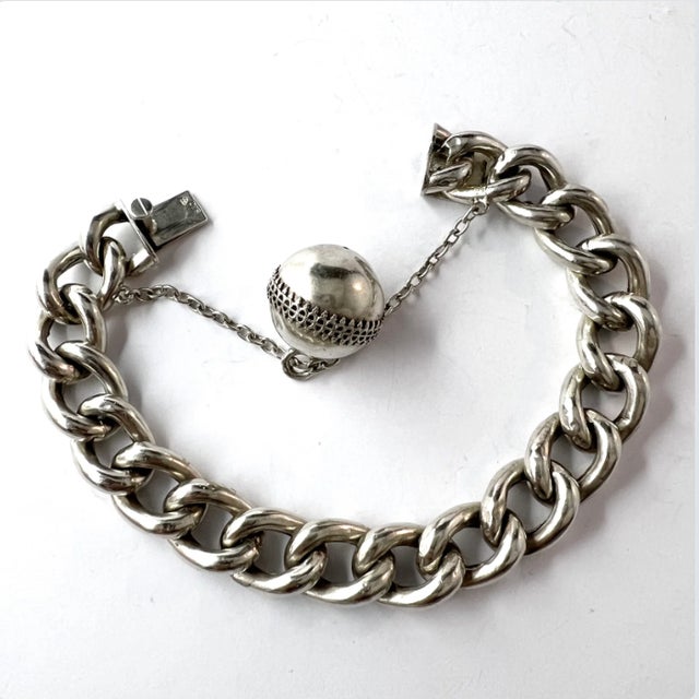 Rare Silver Curb Bracelet dating to early 1900's with Silver Troll Ball Charm. Engraved "Minne" - translated; On a...
