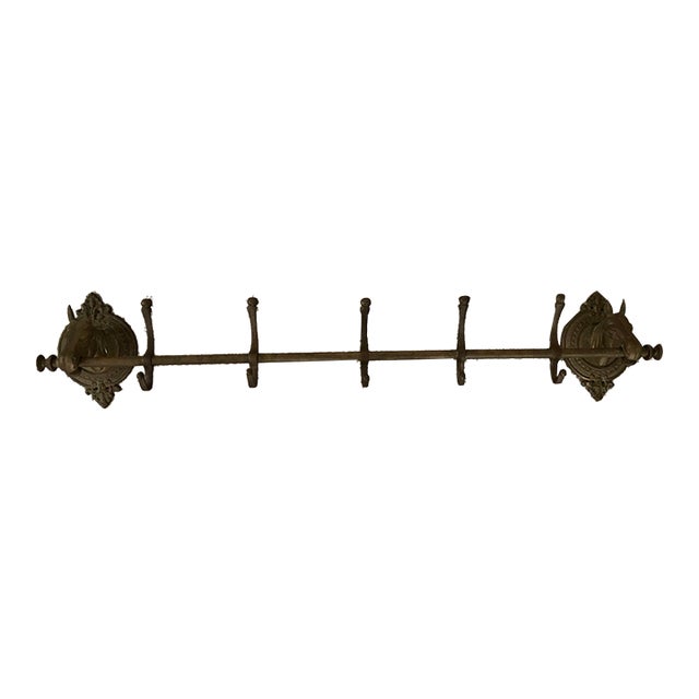 Vintage English Manor Style Solid Brass Horse Head 5-Hook Entryway Coat Rack - 41" For Sale