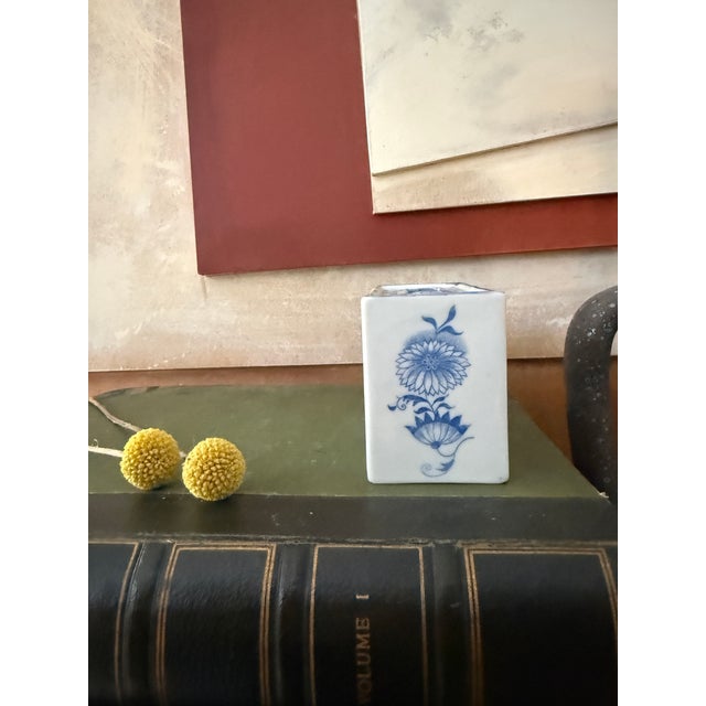 Vintage Blue and White Flower Frog Andrea by Sadek Japan Rectangular Floral Vase For Sale - Image 9 of 12