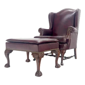 Kindel Burgundy Leather Upholstery Carved Mahogany Legs Wingback Chair & Ottoman
