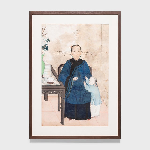 Blue Chinese Pair of Framed Ancestor Portraits, C. 1880 For Sale - Image 8 of 12