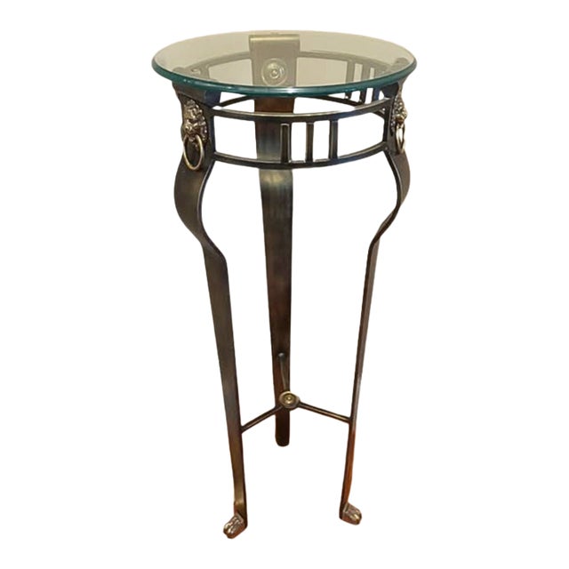 Neoclassical Stainless Steel & Brass Lion Head Pedestal Plant Stand With Glass Top For Sale