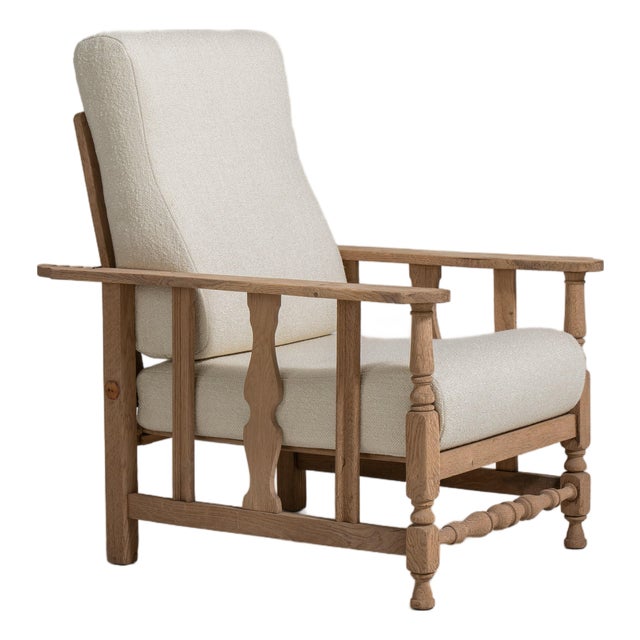 French Oak Reclining Armchair With Bouclé Upholstery For Sale