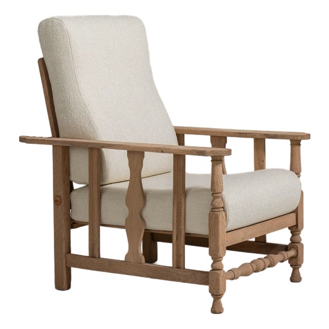 French Oak Reclining Armchair with Bouclé Upholstery, Antique, France, Circa 1940 For Sale