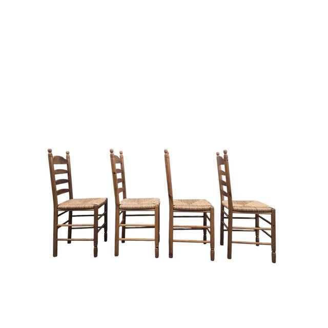French Provincial Vintage French Country Rush Seat Ladder Back Dining Chairs – Set of 4 For Sale - Image 3 of 11