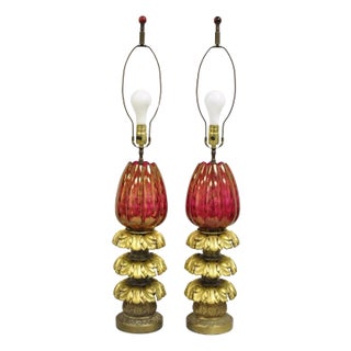 Vintage French Hollywood Regency Bronze Leafy Plume & Cranberry Glass Table Lamp - Pair For Sale