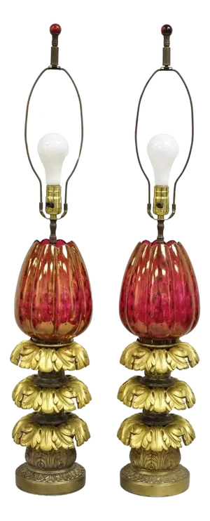 Vintage French Hollywood Regency Bronze Leafy Plume & Cranberry Glass Table Lamp - Pair