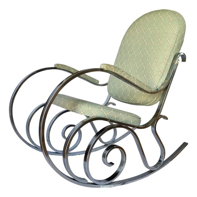 Mid-Century Hollywood Regency Style Polished Nickel Scroll Rocking Chair For Sale
