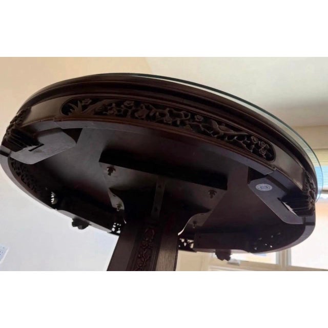 Vintage Chinese Hand-Carved Round Pedestal Dining Table With Beveled Glass Top For Sale - Image 9 of 10