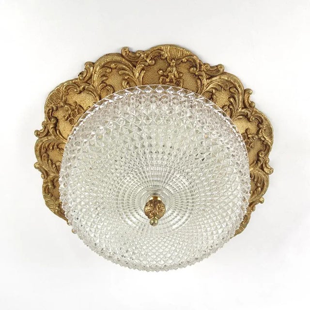Baroque Heavy Brass and Faceted Cut Glass Flush Mount with French Lily Motif For Sale - Image 3 of 10