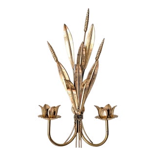 Vintage Polished Brass Wheat Candle Sconce For Sale