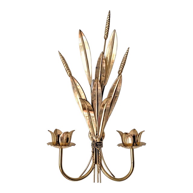 Vintage Polished Brass Wheat Candle Sconce For Sale