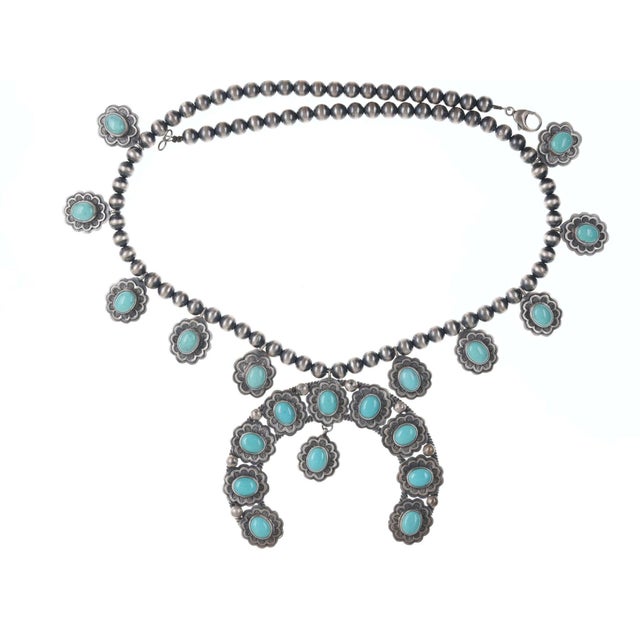 Danny Clark Navajo (1946-2021) Sterling/turquoise squash blossom necklace 3.5" x 3" Naja 24" long 137.4 grams, no issues,...