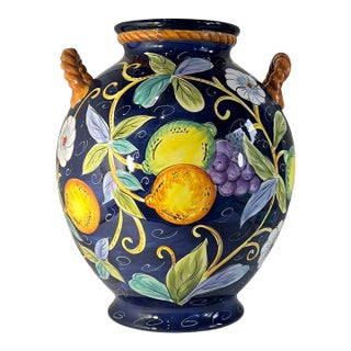Large 16+ In. Villa Bellagio Majolica Orcio Cobalt Blue Fruit Double-Handled Jug Urn Vase For Sale