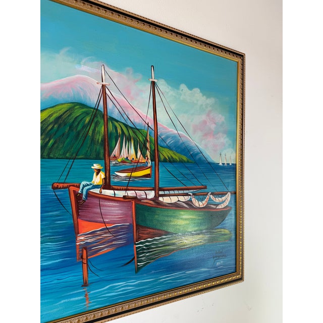 1980s Telfort Emmanuel ( 1964-1987 ) Haitian Folk Art Oil Painting on Canvas - Framed For Sale - Image 5 of 11