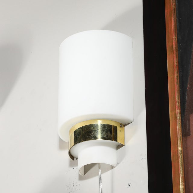 Pair of Mid-Century Modernist Minimal Frosted Glass & Brass Sconces For Sale - Image 9 of 13